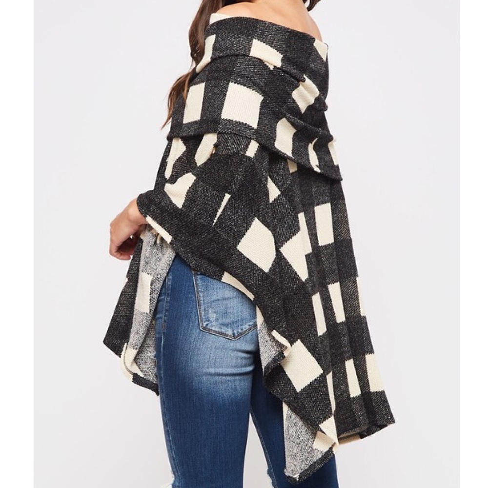 Plaid Off the Shoulder Sweater Poncho - Picture 3 of 5